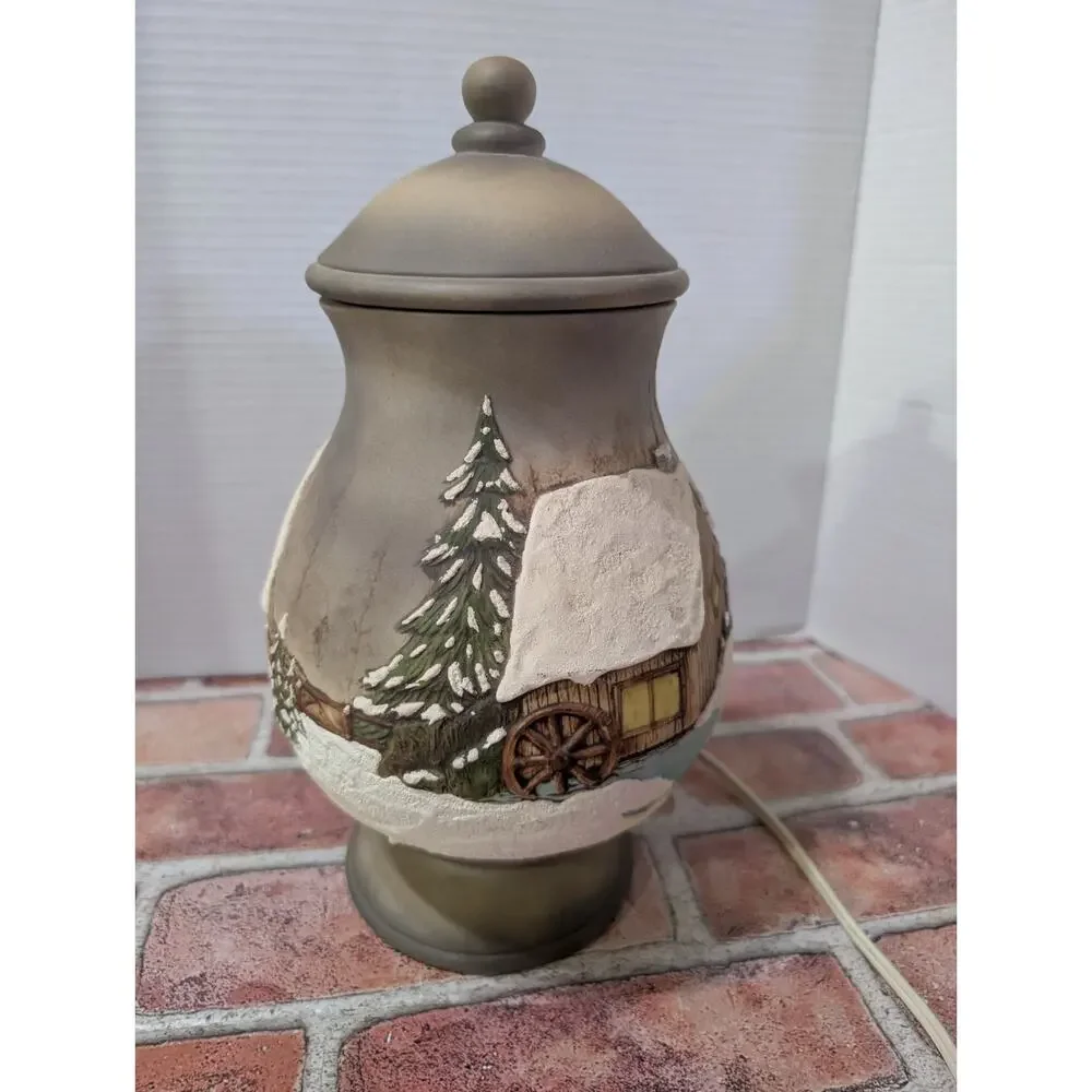 Vintage Hand Painted Ceramic Lamp Jar Light Snow Coverd Winter Church Home Scene